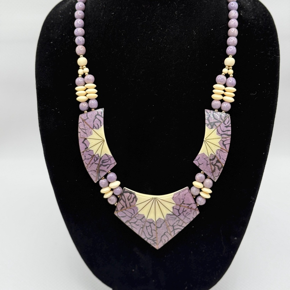 Vintage 80s Lucite and Wood Chunky Bib Geometric Purple and Cream 19" Necklace